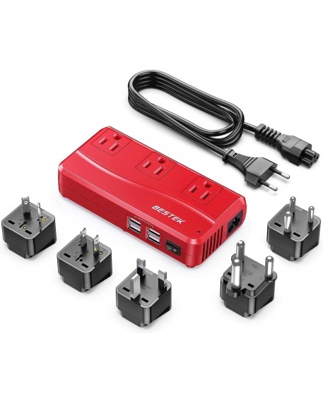 BESTEK International Power Adapter 250W, 220V to 110V Step Down Travel Voltage Converter with 4-Port USB Including US/AU/EU/UK//India/South Africa Plug Adapter (Red)